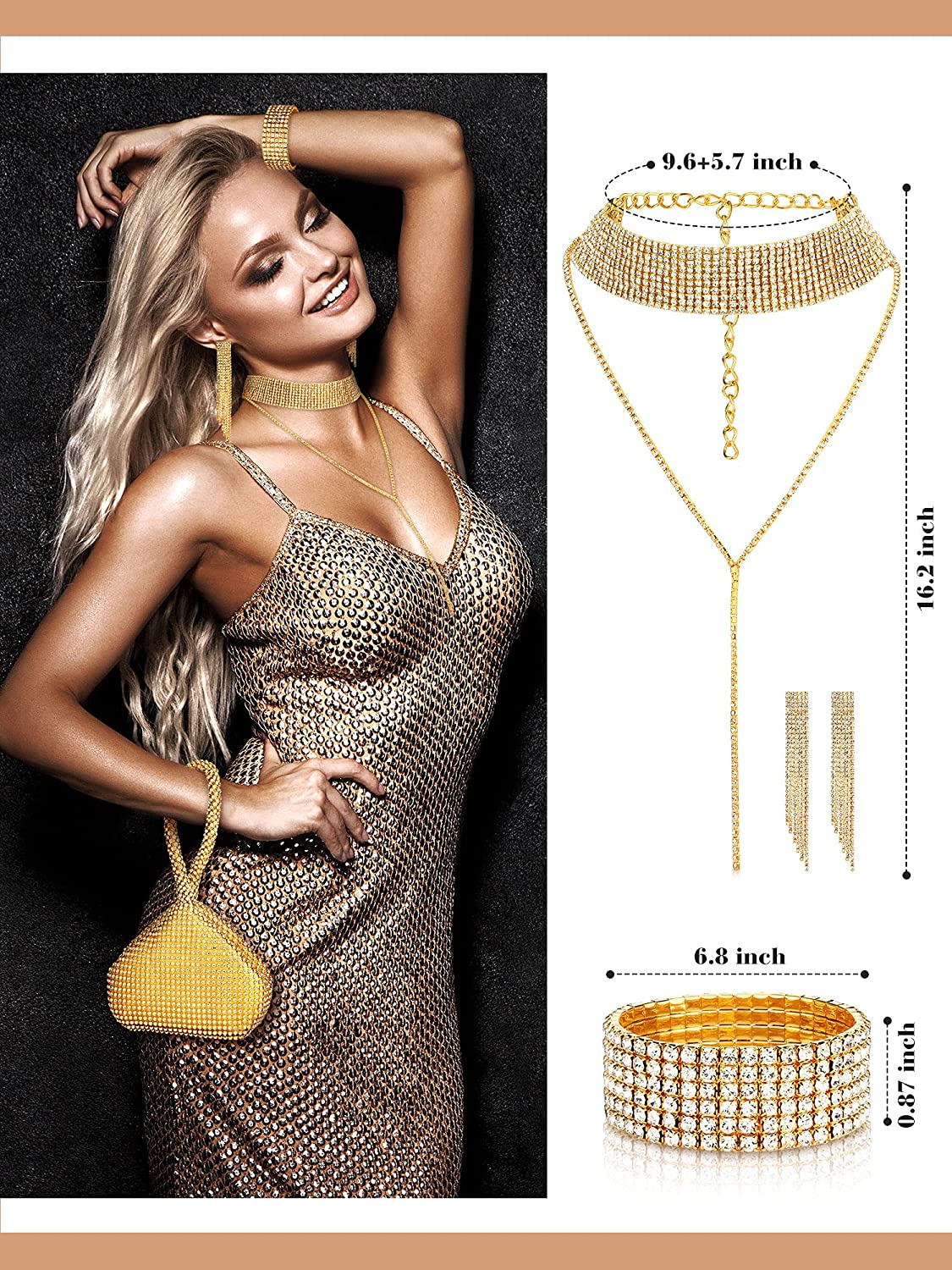 Quelay 4 Pieces Women Crystal Jewelry Set Rhinestone Tassel Necklace Stretch Bangle Bracelet Crystal Dangle Fringe Earrings and Rhinestone Handbag for Wedding Party (Glitter Silver,Medium) - Image 6